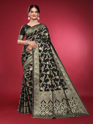 Satikariti Women's Black litchi Banarasi silk saree with Unstitched Blouse Piece