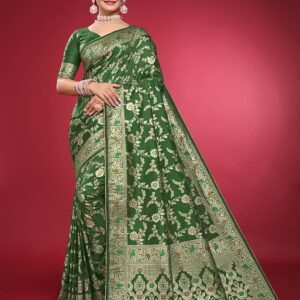 Satikariti Women’s Dark green litchi Banarasi silk saree with Unstitched Blouse Piece