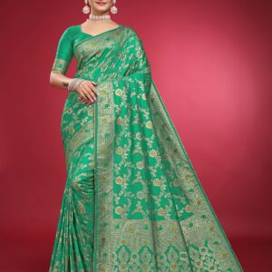 Satikariti Women Light Green litchi Banarasi silk saree with Unstitched Blouse Piece
