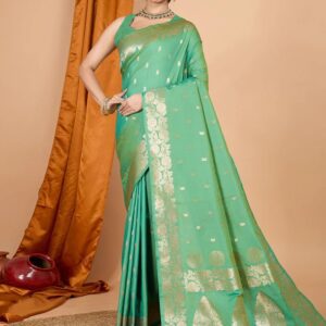 Satikariti Women’s Light Green Banarasi Silk Saree with Woven Floral Border Unstitched Blouse Piece