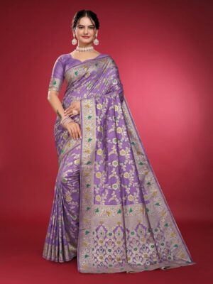 Satikariti Women’s Lavendor litchi Banarasi silk saree with Unstitched Blouse Piece