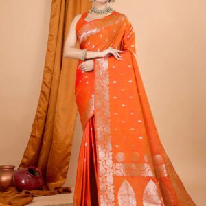 SATIKA RITI Orange Banarasi Silk Saree with Floral Border Traditional Wedding Woven Wear and Unstitched Blouse Piece
