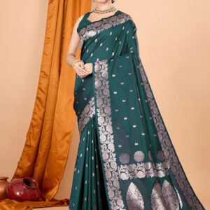 SATIKA RITI Rama Banarasi Silk Saree with Floral Border Traditional Wedding Woven Wear and Unstitched Blouse Piece