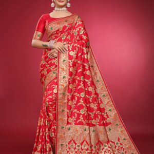 Satikariti Women Red litchi Banarasi silk saree with Unstitched Blouse Piece