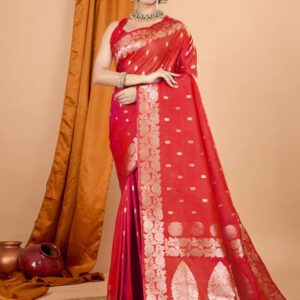 SATIKA RITI Red Banarasi Silk Saree with Floral Border Traditional Wedding Woven Wear and Unstitched Blouse Piece