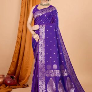 Satikariti Women's Violet Banarasi Silk Saree with Woven Floral Border Unstitched Blouse Piece