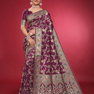 Satikariti Women’s Wine litchi Banarasi silk saree with Unstitched Blouse Piece